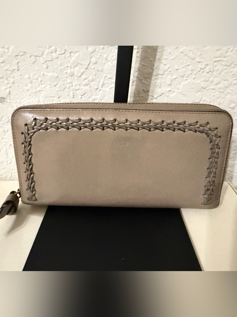Chloe Taupe Leather Zip Wallet with Woven Trim